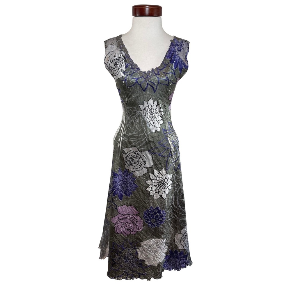 Komarov Floral Crinkle Midi Dress Lace Trim Gray Purple Whimsygoth Fairy Y2K M